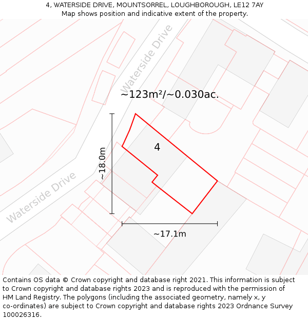 4, WATERSIDE DRIVE, MOUNTSORREL, LOUGHBOROUGH, LE12 7AY: Plot and title map