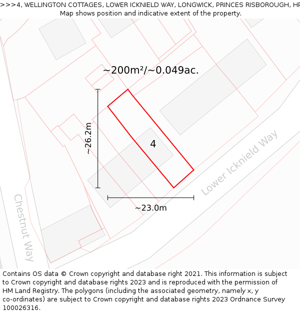 4, WELLINGTON COTTAGES, LOWER ICKNIELD WAY, LONGWICK, PRINCES RISBOROUGH, HP27 9RZ: Plot and title map