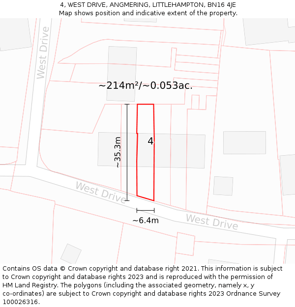 4, WEST DRIVE, ANGMERING, LITTLEHAMPTON, BN16 4JE: Plot and title map