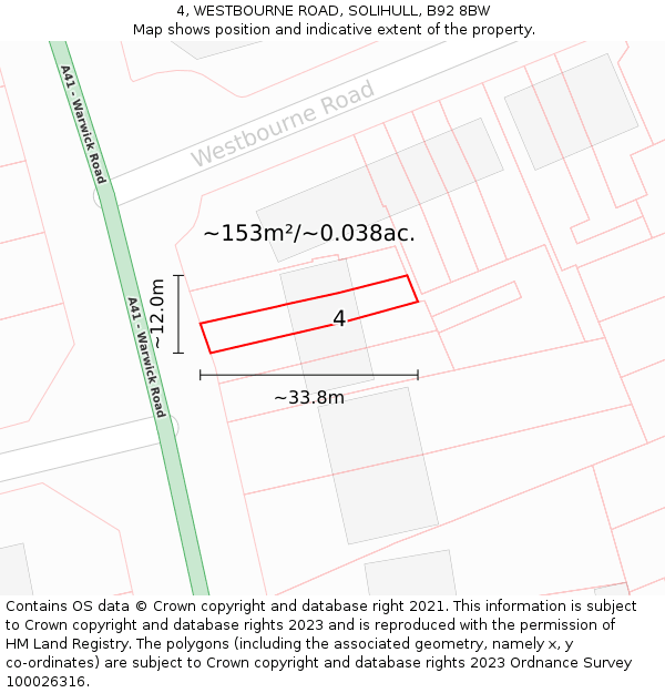 4, WESTBOURNE ROAD, SOLIHULL, B92 8BW: Plot and title map