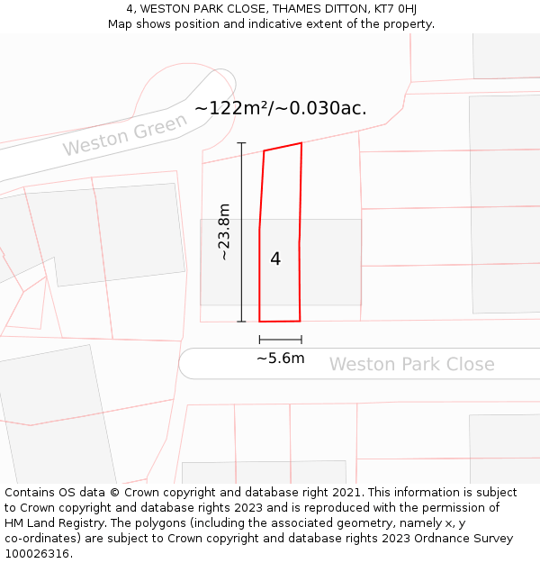 4, WESTON PARK CLOSE, THAMES DITTON, KT7 0HJ: Plot and title map