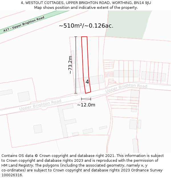 4, WESTOUT COTTAGES, UPPER BRIGHTON ROAD, WORTHING, BN14 9JU: Plot and title map