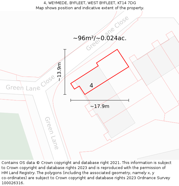 4, WEYMEDE, BYFLEET, WEST BYFLEET, KT14 7DG: Plot and title map