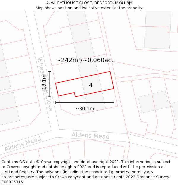 4, WHEATHOUSE CLOSE, BEDFORD, MK41 8JY: Plot and title map