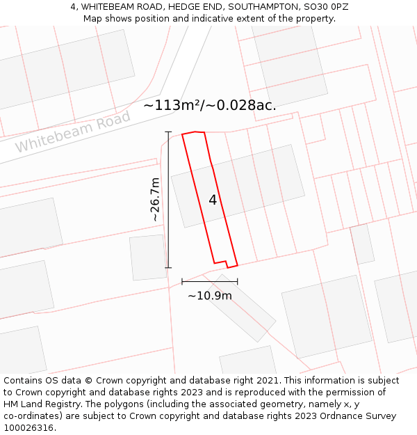 4, WHITEBEAM ROAD, HEDGE END, SOUTHAMPTON, SO30 0PZ: Plot and title map
