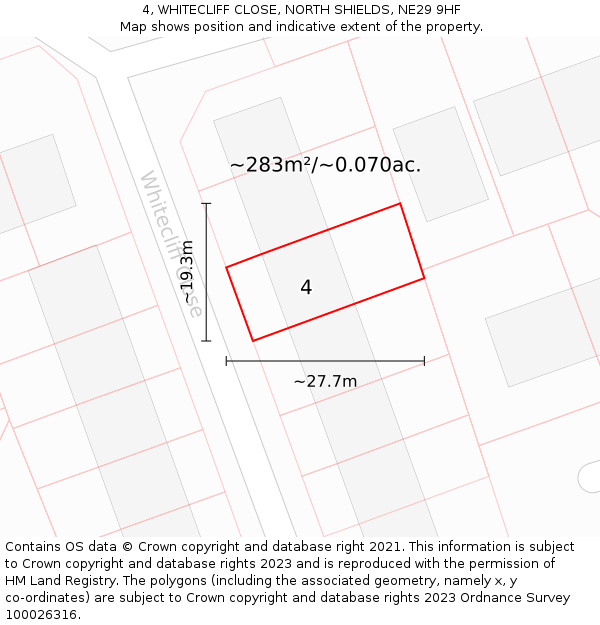 4, WHITECLIFF CLOSE, NORTH SHIELDS, NE29 9HF: Plot and title map