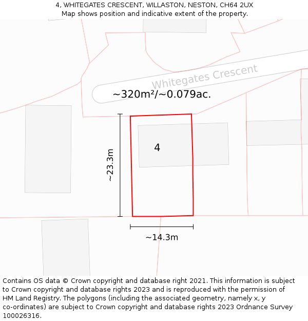 4, WHITEGATES CRESCENT, WILLASTON, NESTON, CH64 2UX: Plot and title map