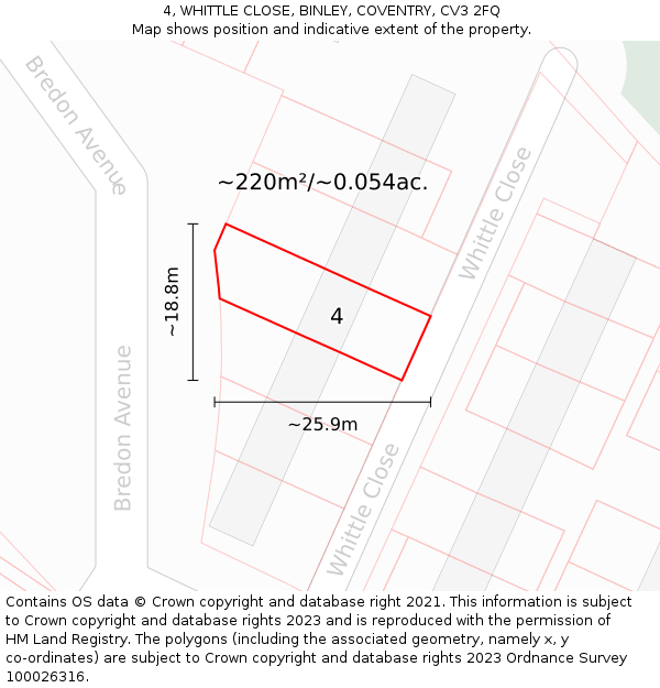4, WHITTLE CLOSE, BINLEY, COVENTRY, CV3 2FQ: Plot and title map