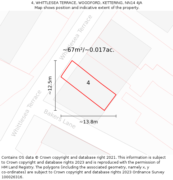 4, WHITTLESEA TERRACE, WOODFORD, KETTERING, NN14 4JA: Plot and title map
