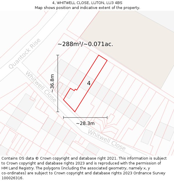 4, WHITWELL CLOSE, LUTON, LU3 4BS: Plot and title map
