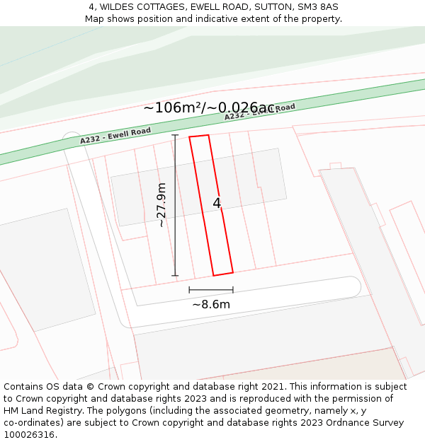 4, WILDES COTTAGES, EWELL ROAD, SUTTON, SM3 8AS: Plot and title map