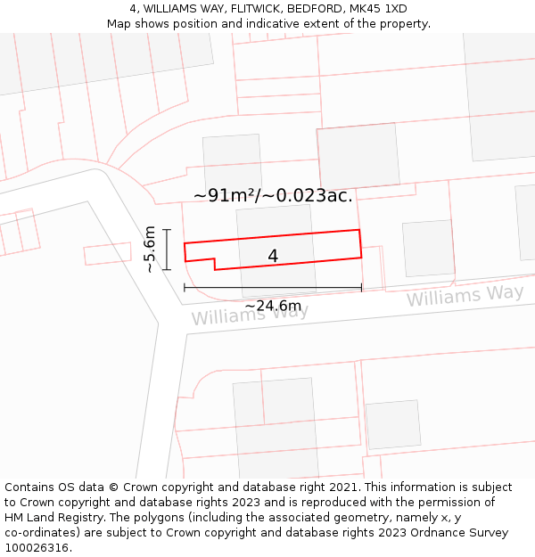 4, WILLIAMS WAY, FLITWICK, BEDFORD, MK45 1XD: Plot and title map