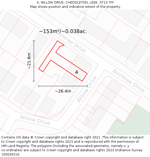 4, WILLOW DRIVE, CHEDDLETON, LEEK, ST13 7FF: Plot and title map
