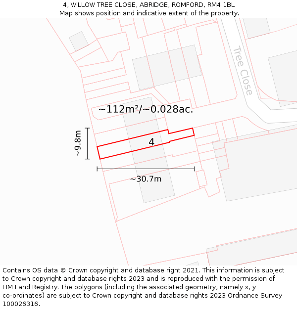 4, WILLOW TREE CLOSE, ABRIDGE, ROMFORD, RM4 1BL: Plot and title map