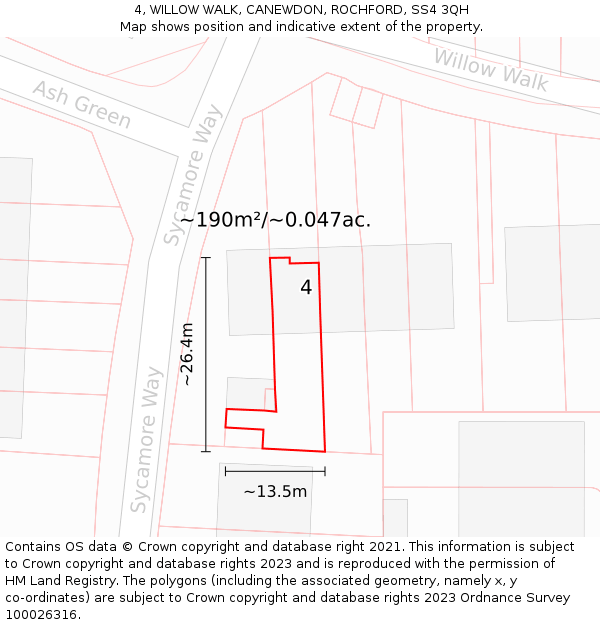 4, WILLOW WALK, CANEWDON, ROCHFORD, SS4 3QH: Plot and title map