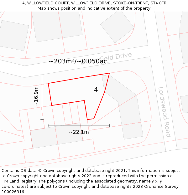 4, WILLOWFIELD COURT, WILLOWFIELD DRIVE, STOKE-ON-TRENT, ST4 8FR: Plot and title map