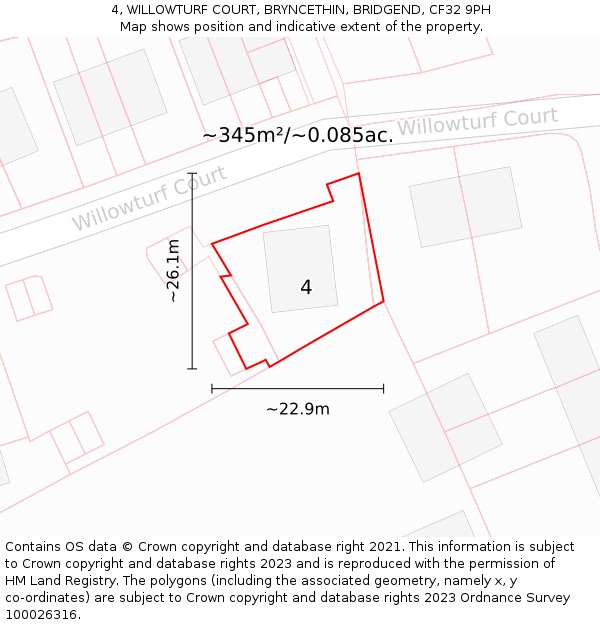 4, WILLOWTURF COURT, BRYNCETHIN, BRIDGEND, CF32 9PH: Plot and title map