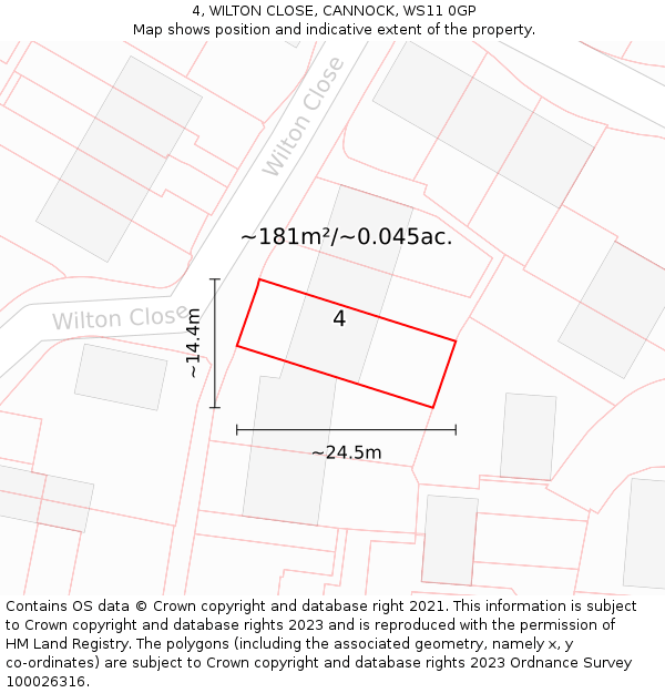 4, WILTON CLOSE, CANNOCK, WS11 0GP: Plot and title map