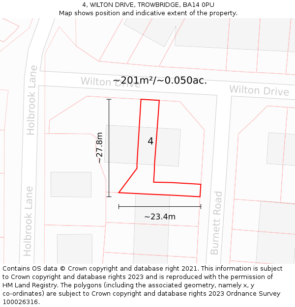 4, WILTON DRIVE, TROWBRIDGE, BA14 0PU: Plot and title map