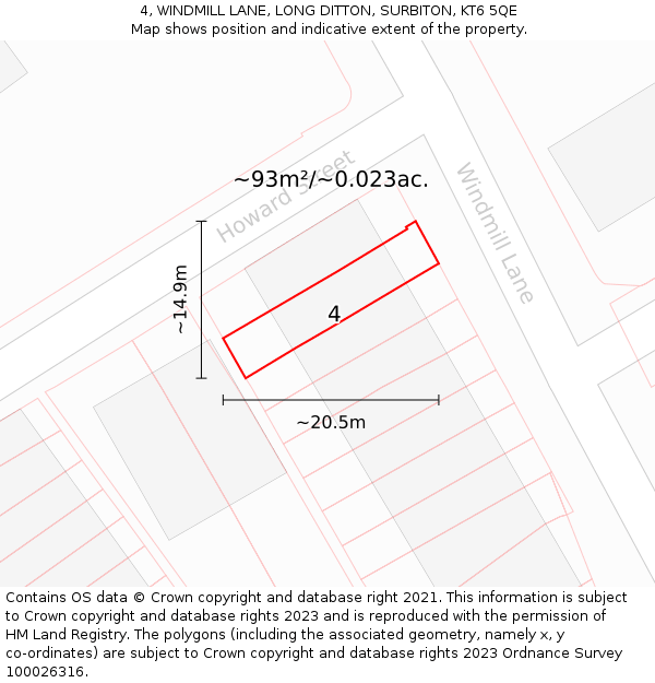 4, WINDMILL LANE, LONG DITTON, SURBITON, KT6 5QE: Plot and title map