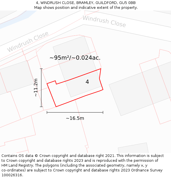 4, WINDRUSH CLOSE, BRAMLEY, GUILDFORD, GU5 0BB: Plot and title map