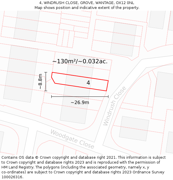 4, WINDRUSH CLOSE, GROVE, WANTAGE, OX12 0NL: Plot and title map
