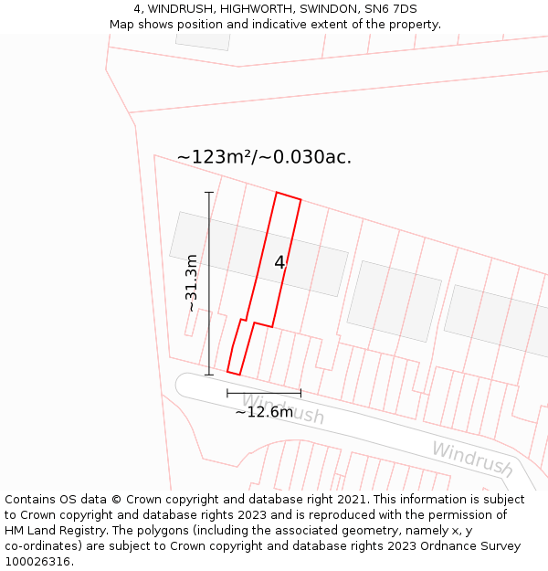 4, WINDRUSH, HIGHWORTH, SWINDON, SN6 7DS: Plot and title map