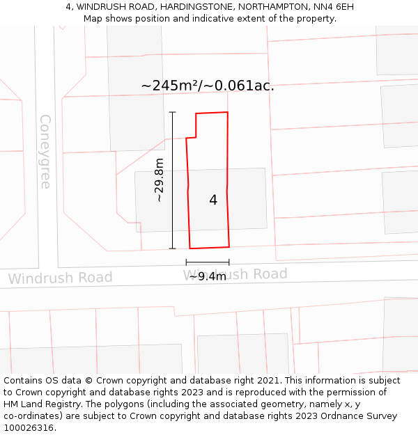 4, WINDRUSH ROAD, HARDINGSTONE, NORTHAMPTON, NN4 6EH: Plot and title map