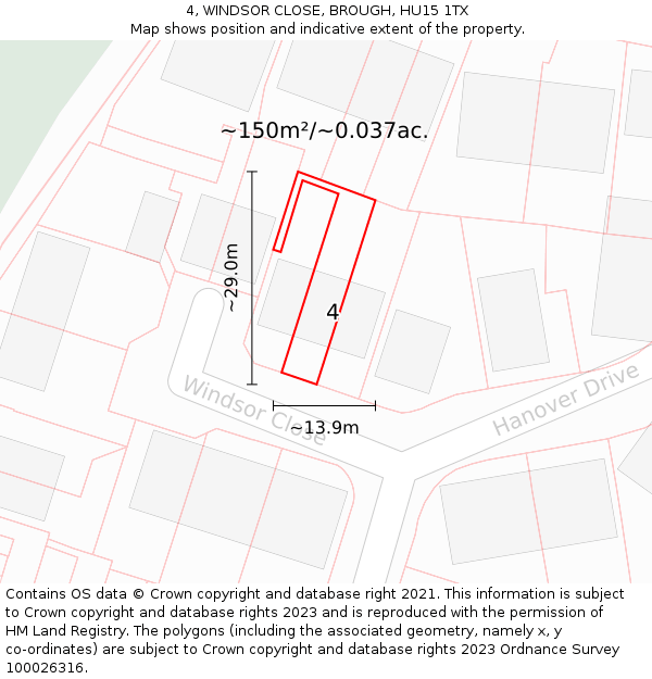 4, WINDSOR CLOSE, BROUGH, HU15 1TX: Plot and title map