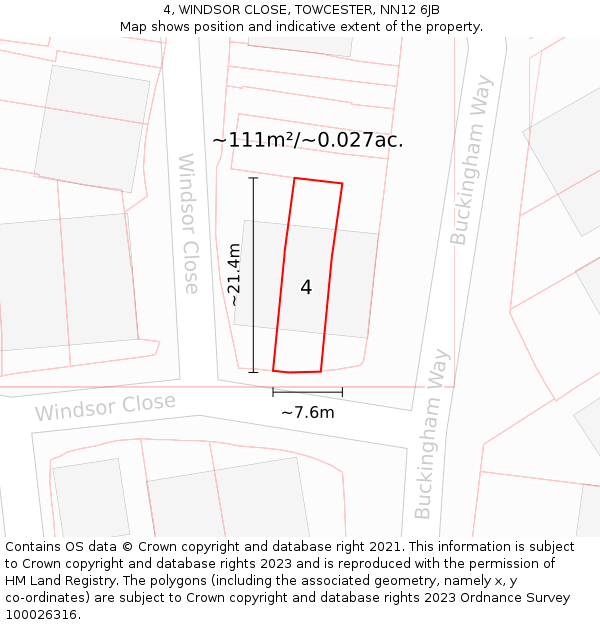 4, WINDSOR CLOSE, TOWCESTER, NN12 6JB: Plot and title map