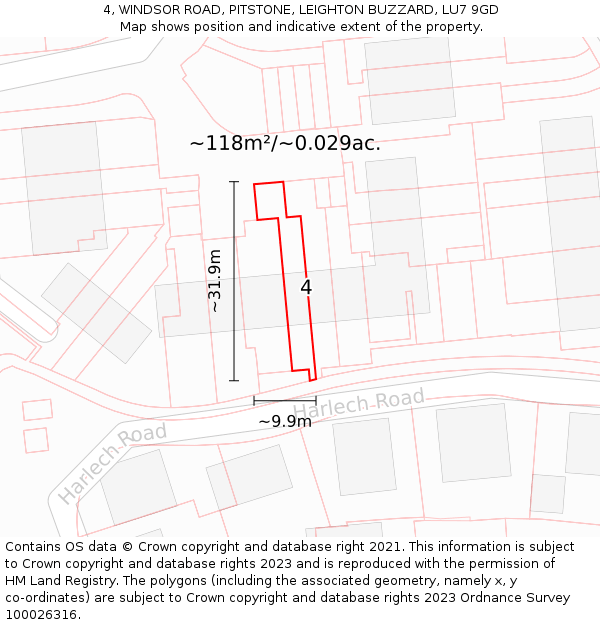 4, WINDSOR ROAD, PITSTONE, LEIGHTON BUZZARD, LU7 9GD: Plot and title map