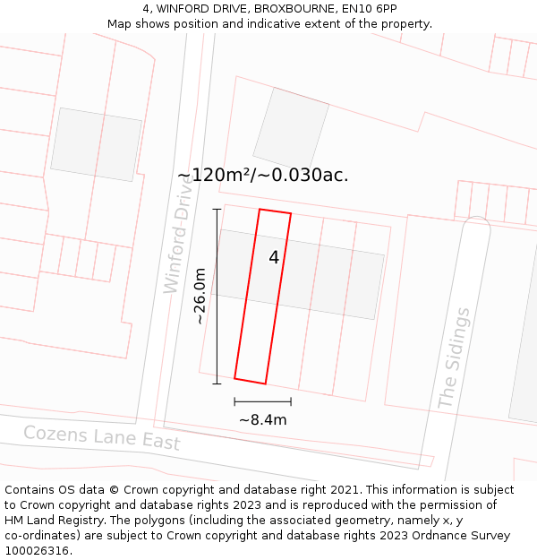 4, WINFORD DRIVE, BROXBOURNE, EN10 6PP: Plot and title map