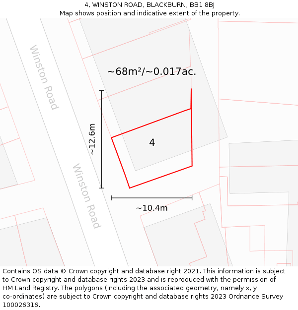 4, WINSTON ROAD, BLACKBURN, BB1 8BJ: Plot and title map