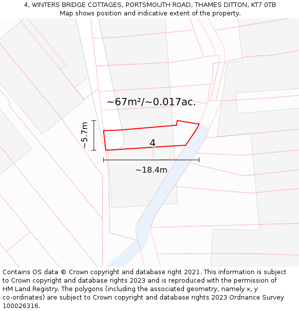 4, WINTERS BRIDGE COTTAGES, PORTSMOUTH ROAD, THAMES DITTON, KT7 0TB: Plot and title map