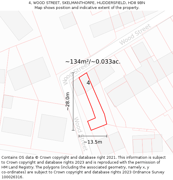 4, WOOD STREET, SKELMANTHORPE, HUDDERSFIELD, HD8 9BN: Plot and title map