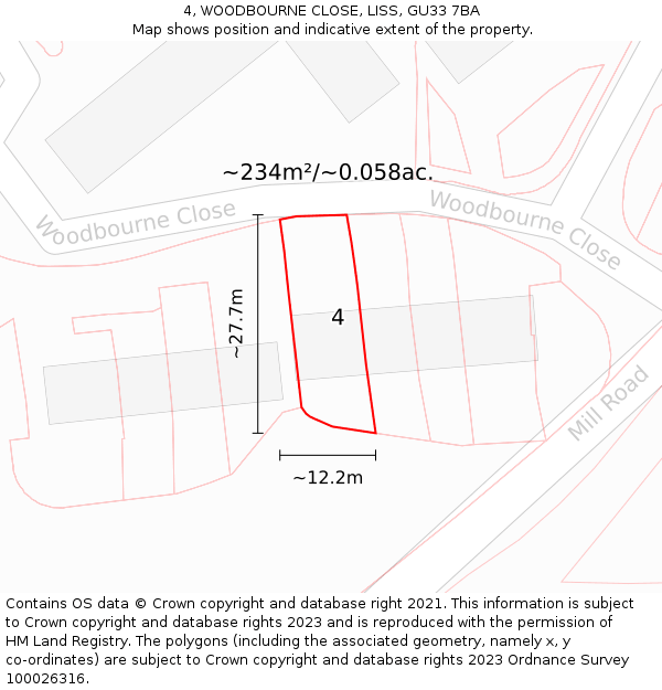 4, WOODBOURNE CLOSE, LISS, GU33 7BA: Plot and title map