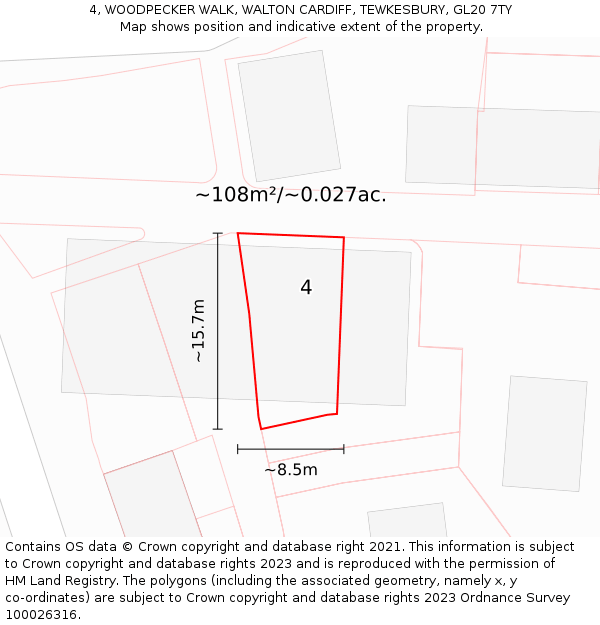 4, WOODPECKER WALK, WALTON CARDIFF, TEWKESBURY, GL20 7TY: Plot and title map