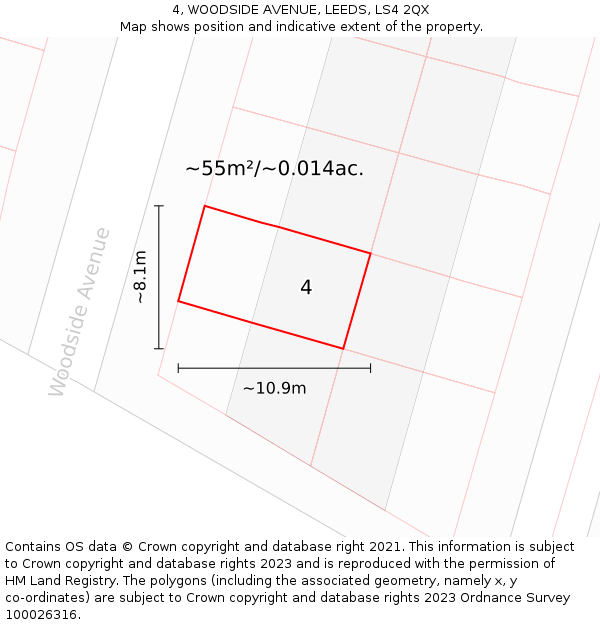 4, WOODSIDE AVENUE, LEEDS, LS4 2QX: Plot and title map