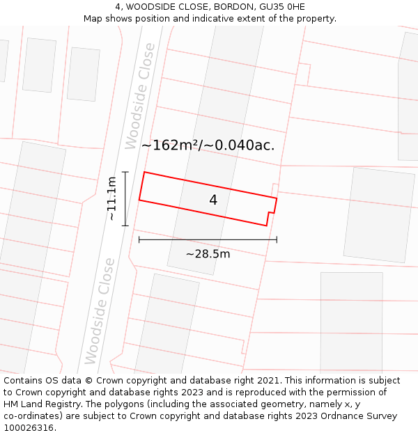 4, WOODSIDE CLOSE, BORDON, GU35 0HE: Plot and title map
