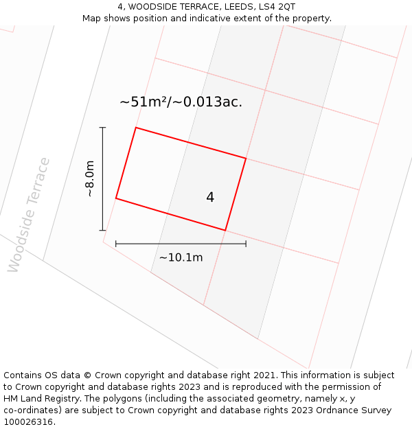 4, WOODSIDE TERRACE, LEEDS, LS4 2QT: Plot and title map