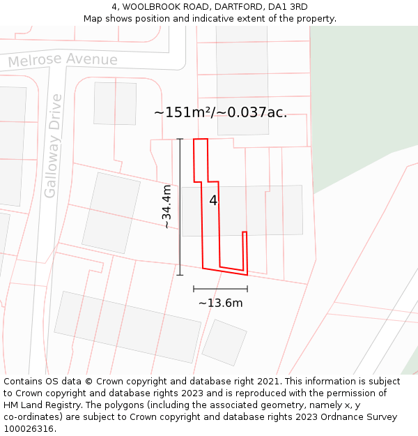 4, WOOLBROOK ROAD, DARTFORD, DA1 3RD: Plot and title map