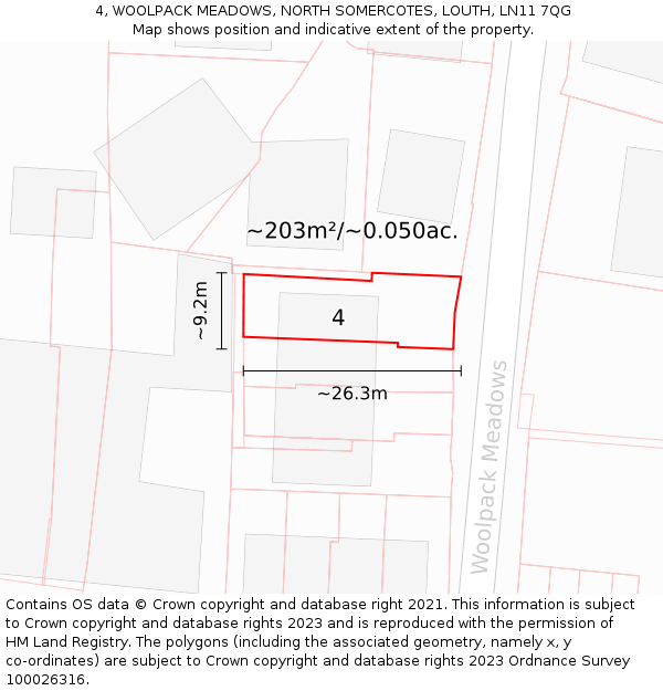 4, WOOLPACK MEADOWS, NORTH SOMERCOTES, LOUTH, LN11 7QG: Plot and title map