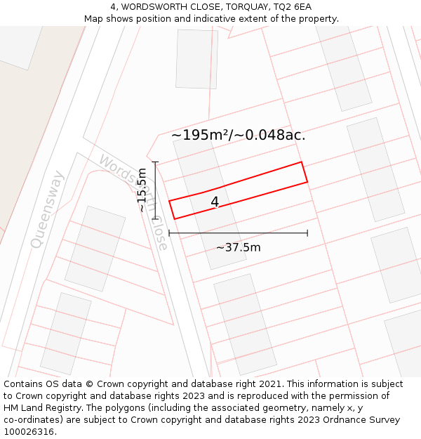 4, WORDSWORTH CLOSE, TORQUAY, TQ2 6EA: Plot and title map