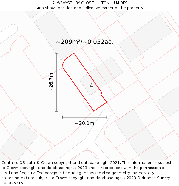 4, WRAYSBURY CLOSE, LUTON, LU4 9FS: Plot and title map