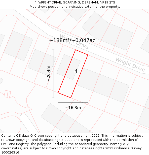 4, WRIGHT DRIVE, SCARNING, DEREHAM, NR19 2TS: Plot and title map