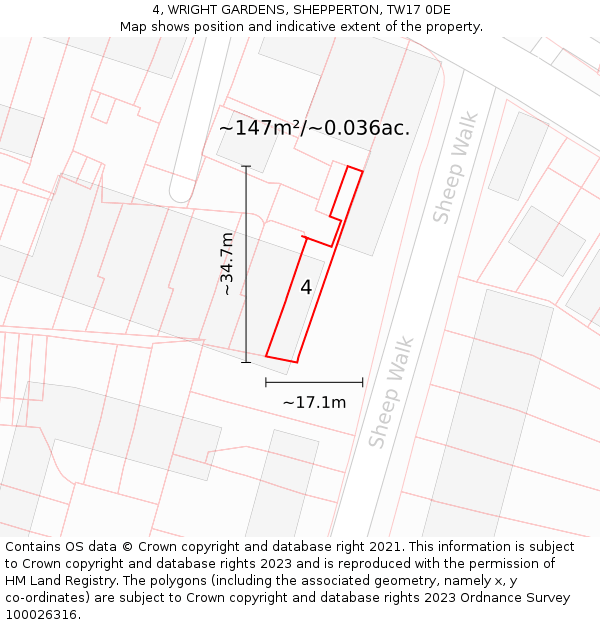 4, WRIGHT GARDENS, SHEPPERTON, TW17 0DE: Plot and title map