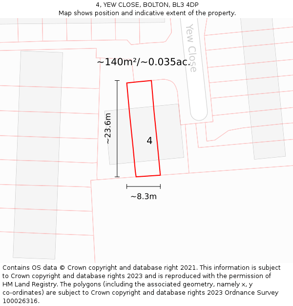 4, YEW CLOSE, BOLTON, BL3 4DP: Plot and title map
