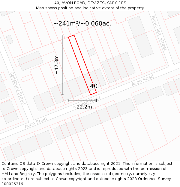 40, AVON ROAD, DEVIZES, SN10 1PS: Plot and title map