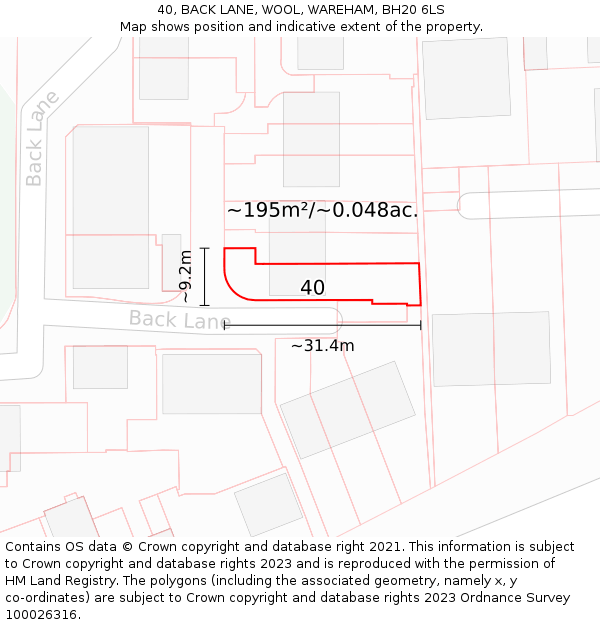 40, BACK LANE, WOOL, WAREHAM, BH20 6LS: Plot and title map