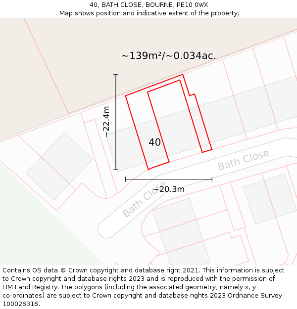 40, BATH CLOSE, BOURNE, PE10 0WX: Plot and title map